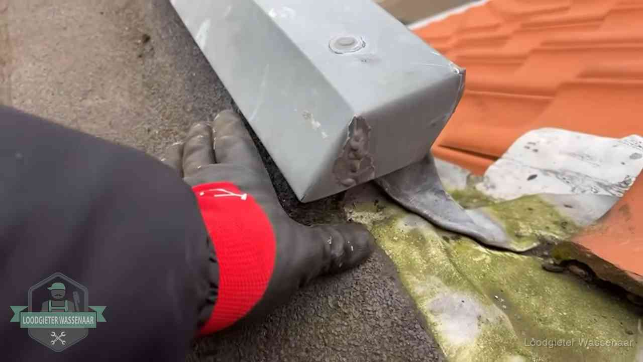 Hemelwaterafvoer en dakgoot controleren in Wassenaar Controle van een zinken hemelwaterafvoer met loodslab bij dakpannen in Wassenaar