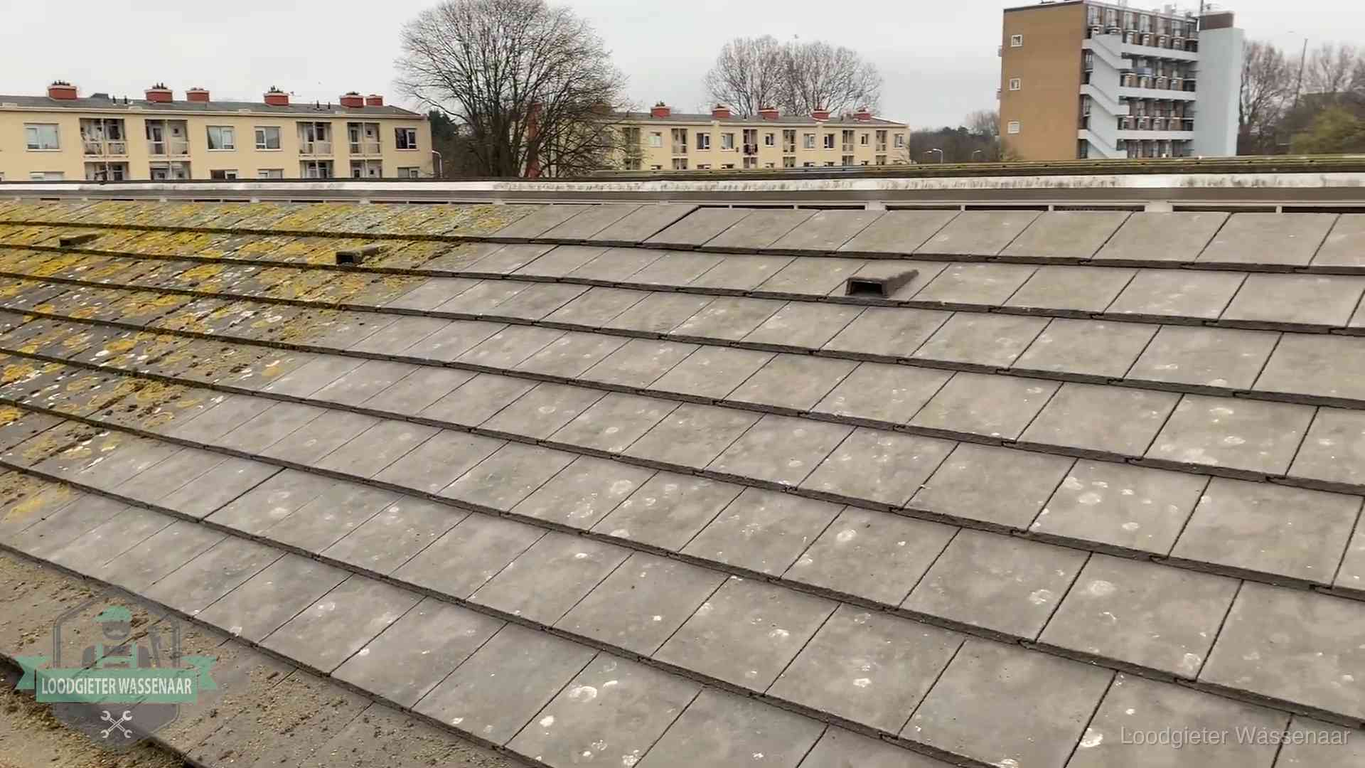 Dakpannen op een schuin dak in Wassenaar Schuin dak met betonpannen vol mos in Wassenaar, een risico op lekkage bij de pannen